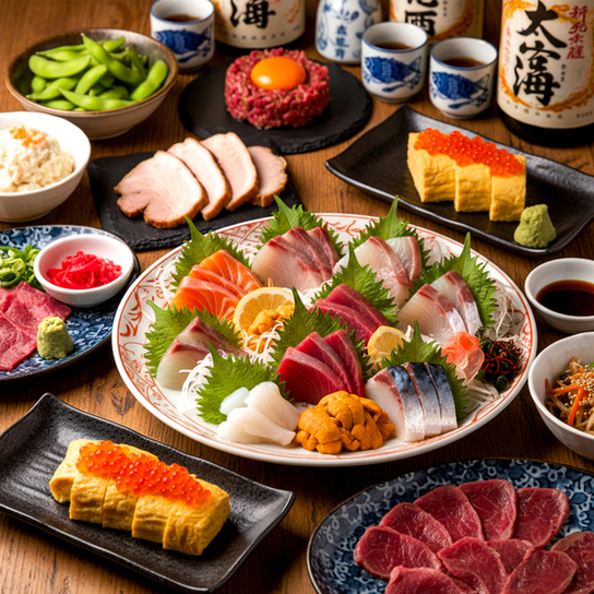 居酒屋新虎 刺身や鍋が並ぶ料理